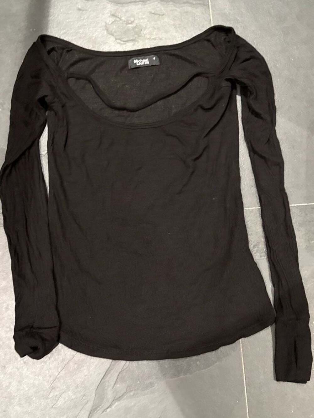 Michael Lauren Black Scoop Neck Long Sleeve  Knit Top with string adornment acro